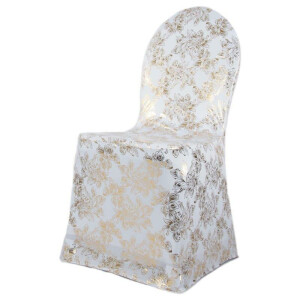 Budget chair cover stretch white with printed gold metallic design